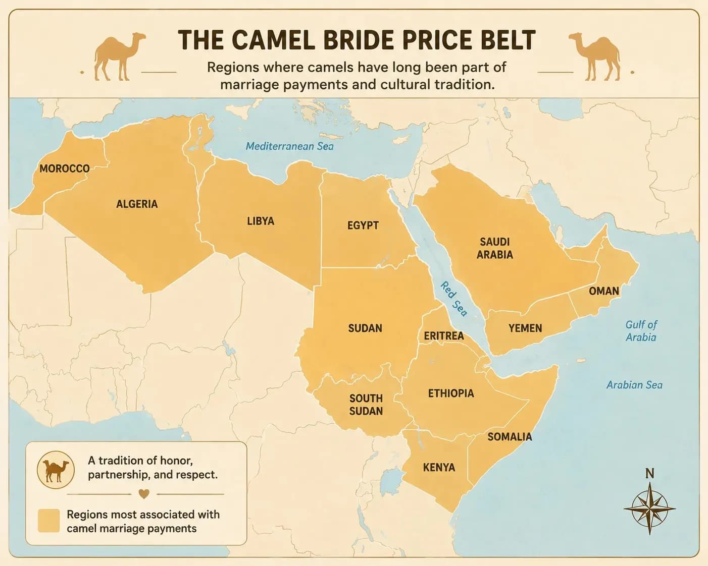 Map showing regions where camel-based marriage payments were historically practiced.