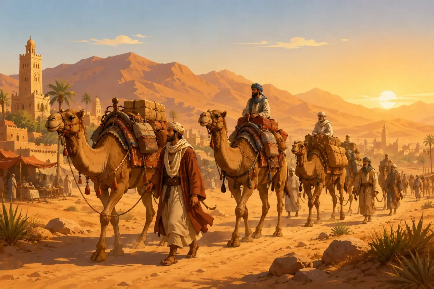 Camel trade caravan illustration representing the origin of the camel worth joke.