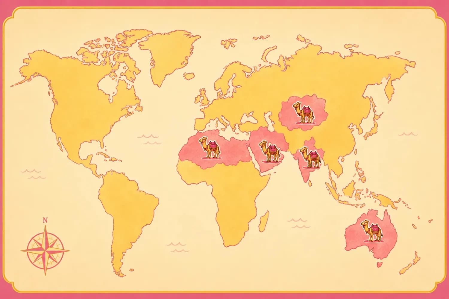 World map showing camel icons across key regions, highlighting the global presence of camels.