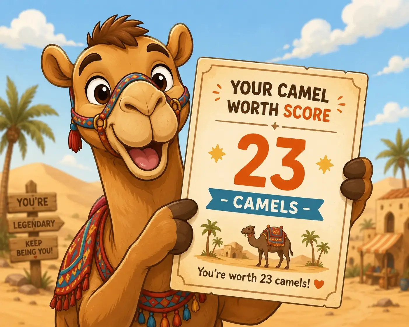 Cartoon camel holding a playful camel worth scorecard.