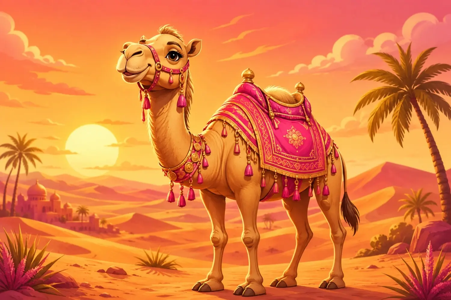 Cartoon camel standing in a desert sunset with pink and gold colors, surrounded by dunes and palm trees.