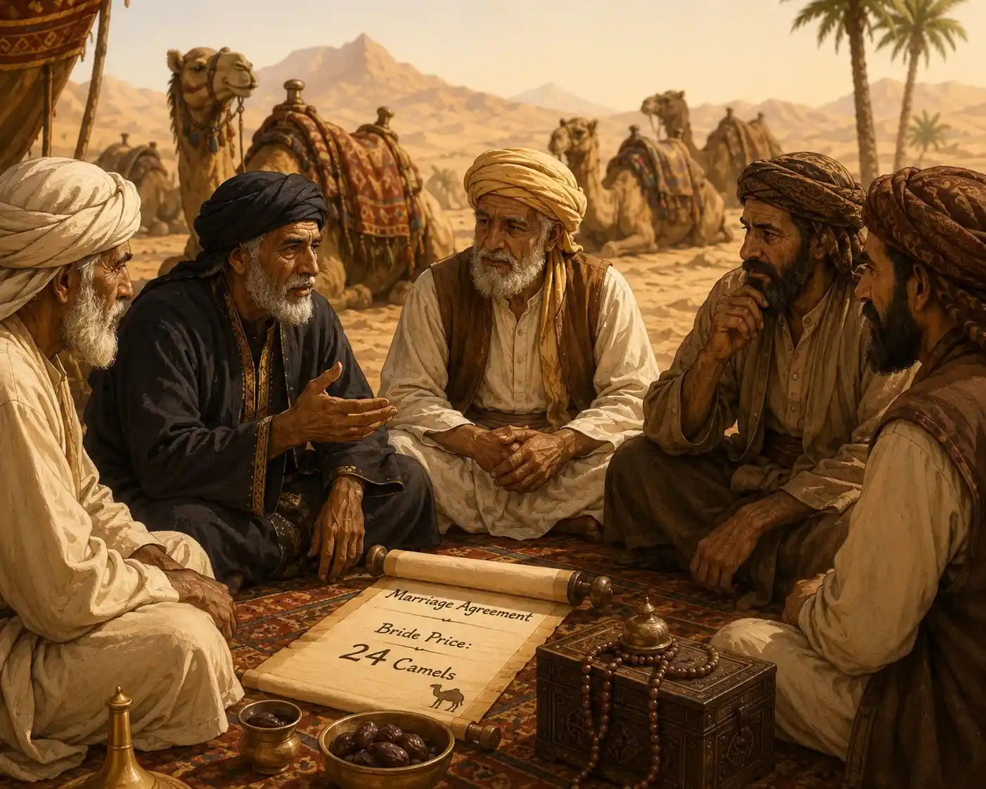 Tribal elders discussing a camel bride price agreement in a desert setting.