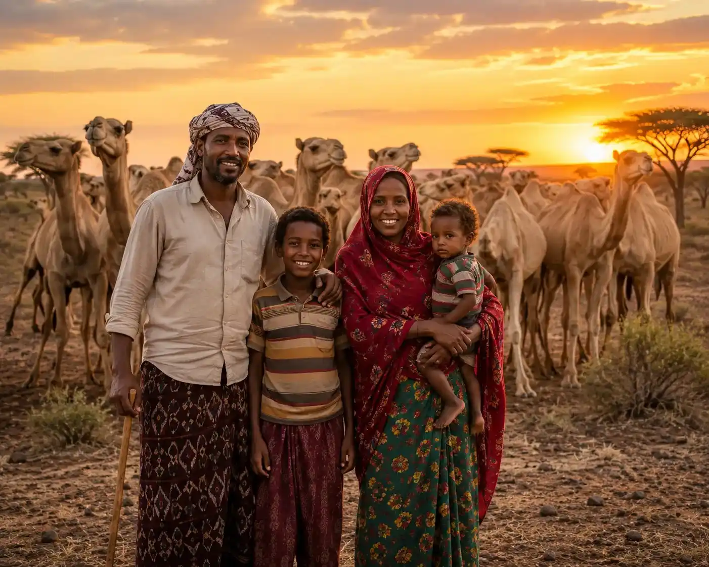 Modern pastoral family with their camel herd, a livestock tradition still active in parts of East Africa.
