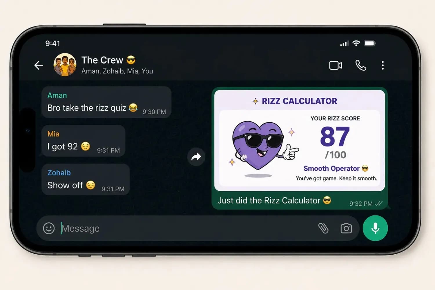 Phone showing a Rizz calculator quiz result shared in a group chat.