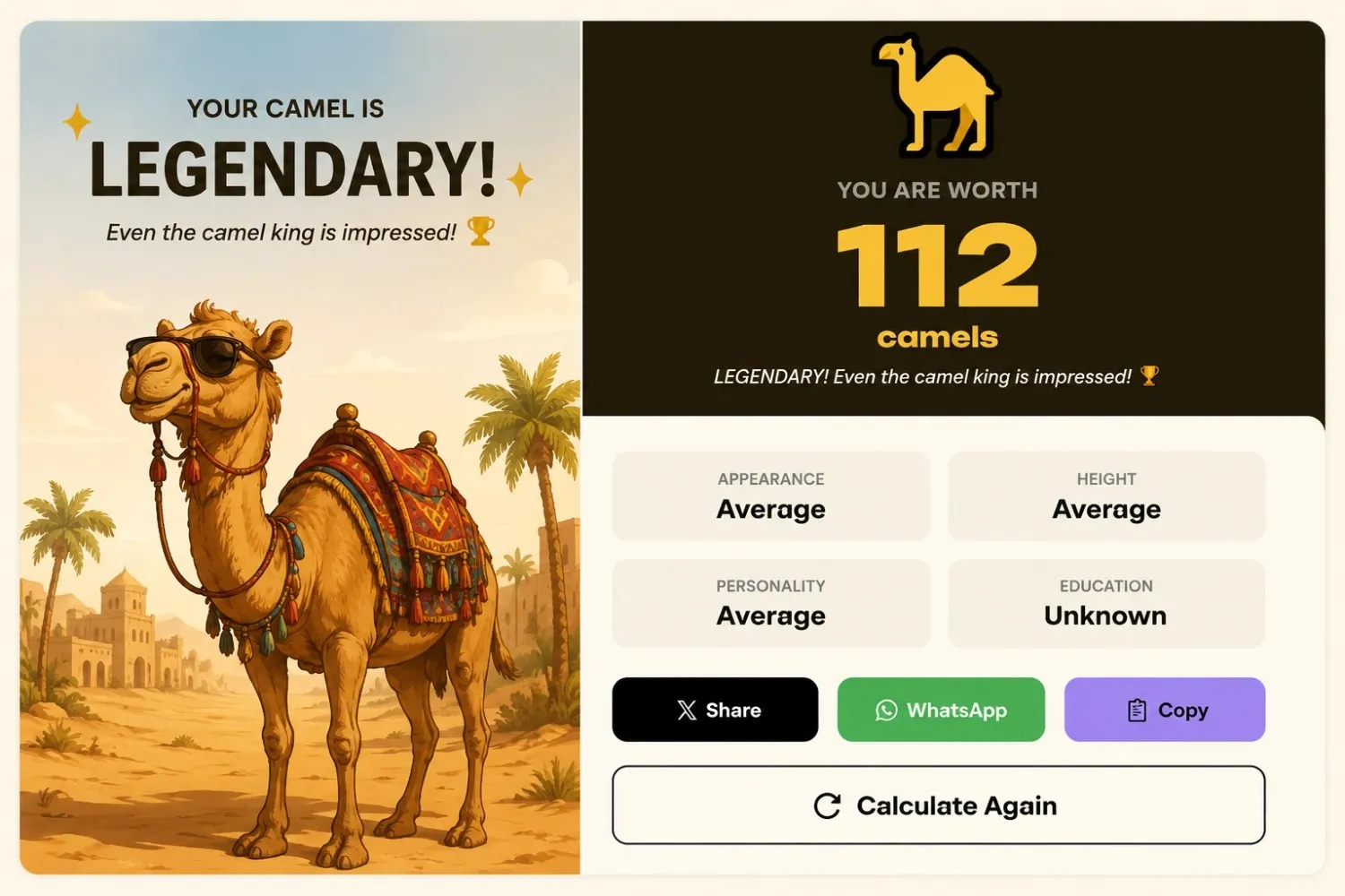 Camel calculator result screen showing score breakdown by category.