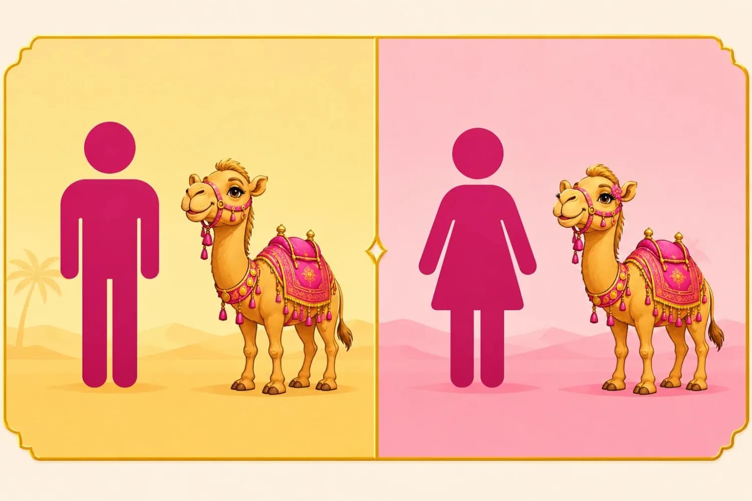 Male and female icons beside cartoon camels in a split-screen desert-themed comparison graphic.