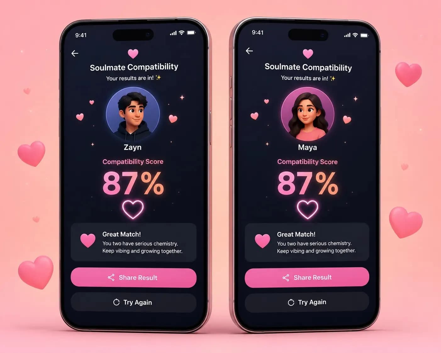 Two phones showing a soulmate compatibility score quiz side by side.