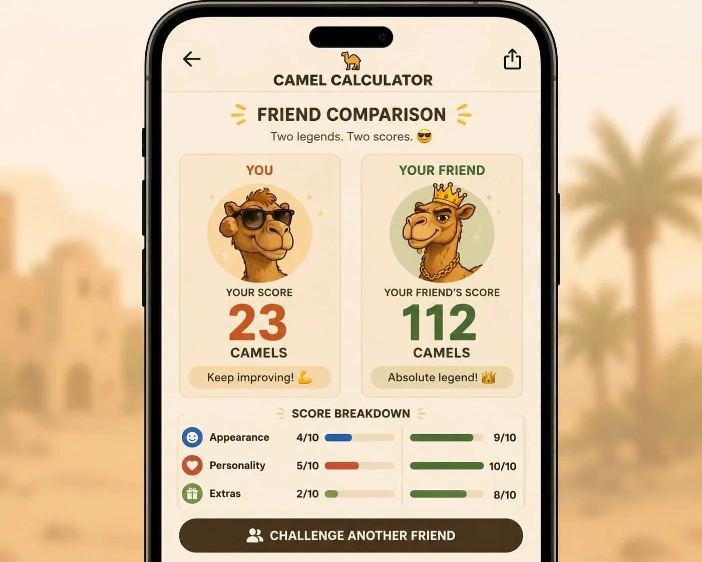 Two camel calculator scores compared side by side on a phone screen.