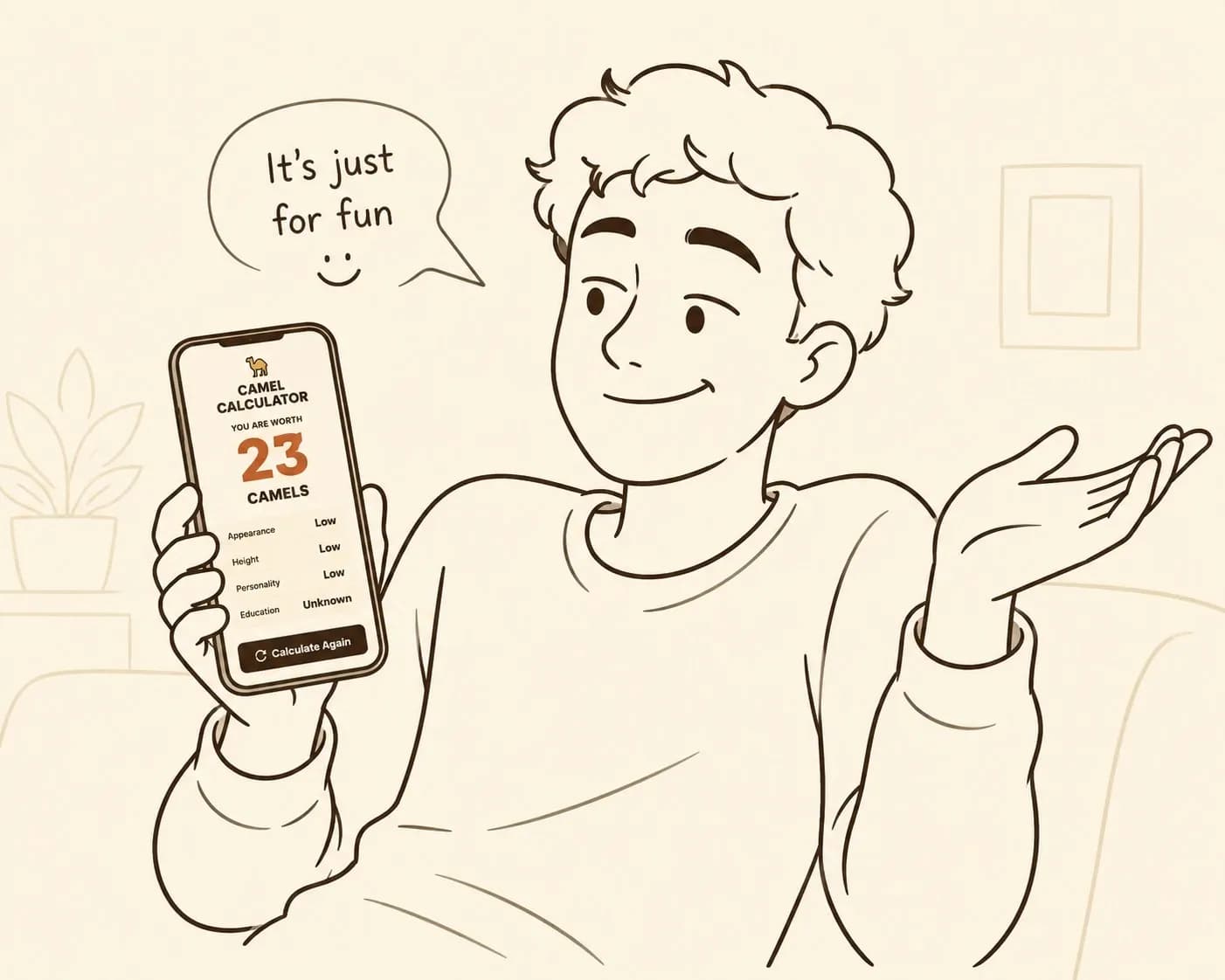 Person shrugging off a low camel calculator score on their phone.